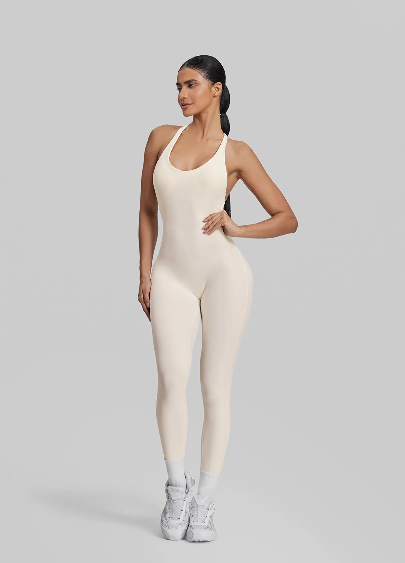 Form-Fitting Full Length Crossback Built-in Bra Sweat-Wicking Bodysuit
