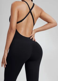 Form-Fitting Full Length Crossback Built-in Bra Sweat-Wicking Bodysuit