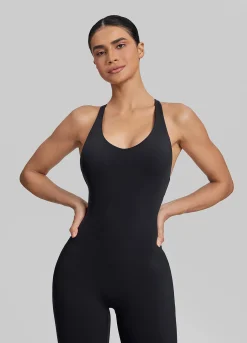 Form-Fitting Full Length Crossback Built-in Bra Sweat-Wicking Bodysuit