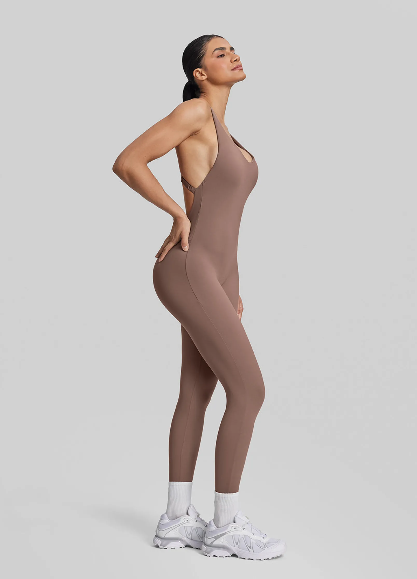 Form-Fitting Full Length Crossback Built-in Bra Sweat-Wicking Bodysuit