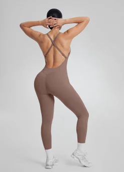 Form-Fitting Full Length Crossback Built-in Bra Sweat-Wicking Bodysuit