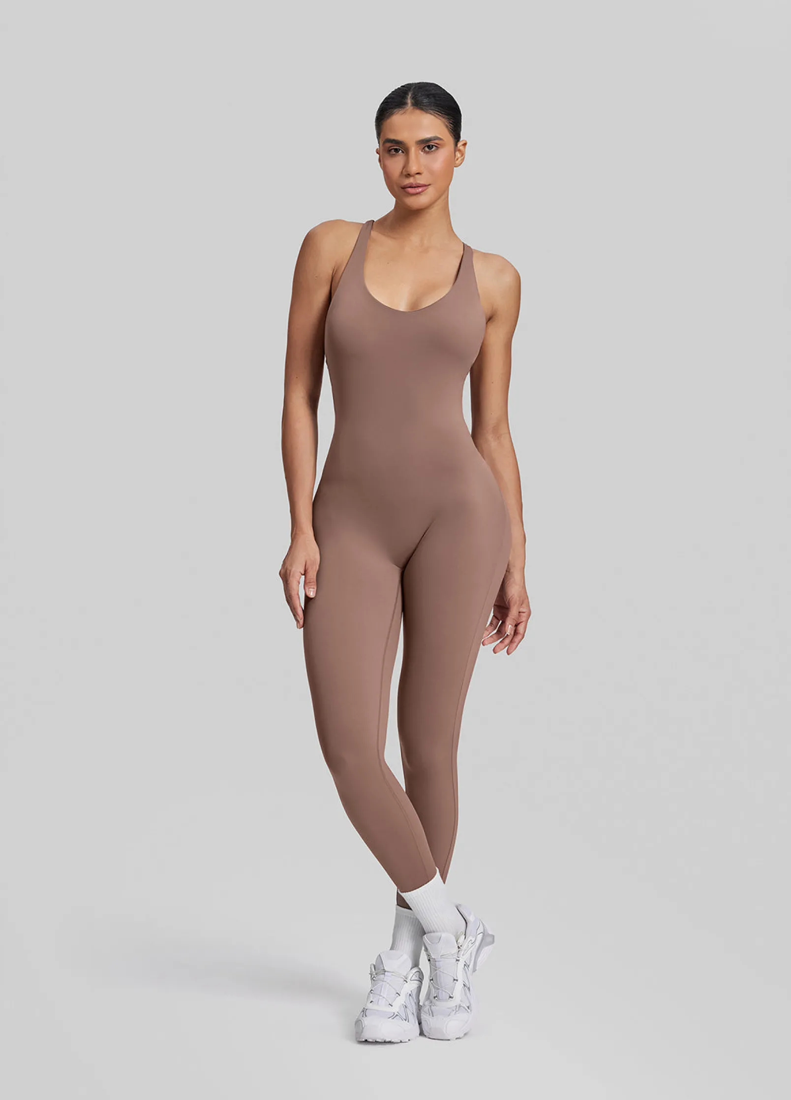 Form-Fitting Full Length Crossback Built-in Bra Sweat-Wicking Bodysuit