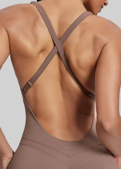 Form-Fitting Full Length Crossback Built-in Bra Sweat-Wicking Bodysuit