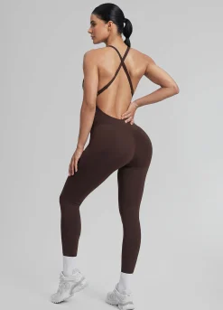 Form-Fitting Full Length Crossback Built-in Bra Sweat-Wicking Bodysuit