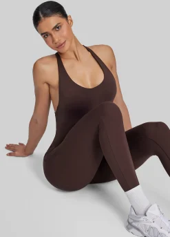 Form-Fitting Full Length Crossback Built-in Bra Sweat-Wicking Bodysuit