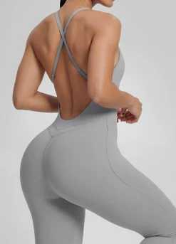 Form-Fitting Full Length Crossback Built-in Bra Sweat-Wicking Bodysuit