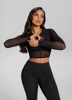 Konturiertes, transparentes Langarm-Crop-Top