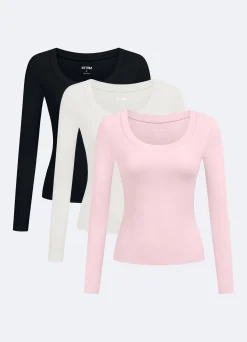 Langarmshirt mit tiefem Rundhalsausschnitt – 3er-Pack