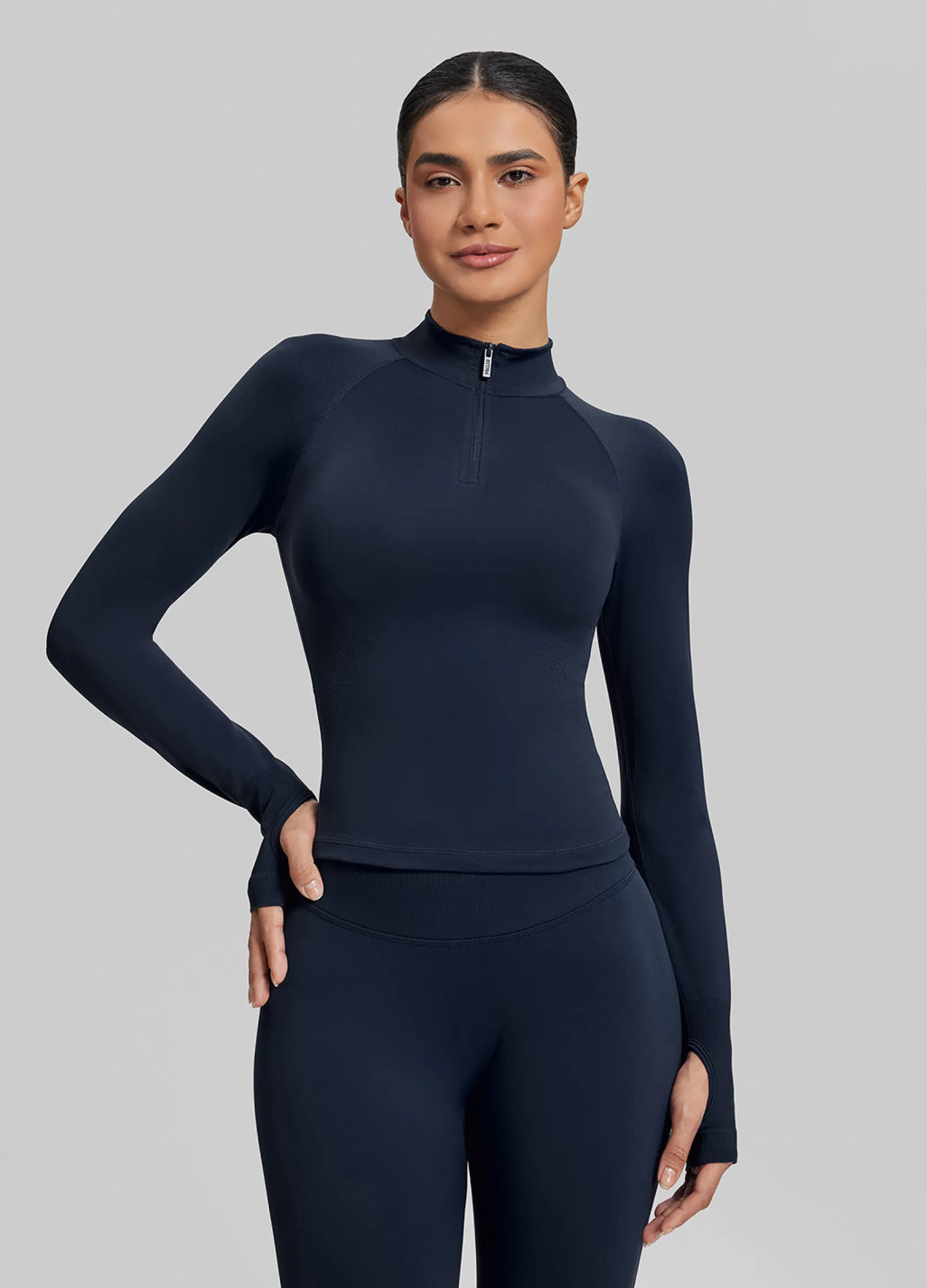 SculptMe Longline Form-Fitting Seamless Thumb Hole Twill Knit Half-Zip Top