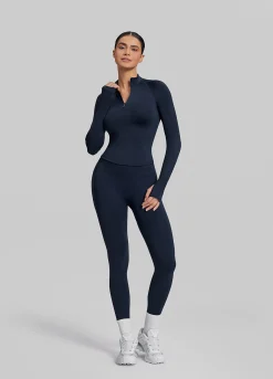 SculptMe Longline Form-Fitting Seamless Thumb Hole Twill Knit Half-Zip Top