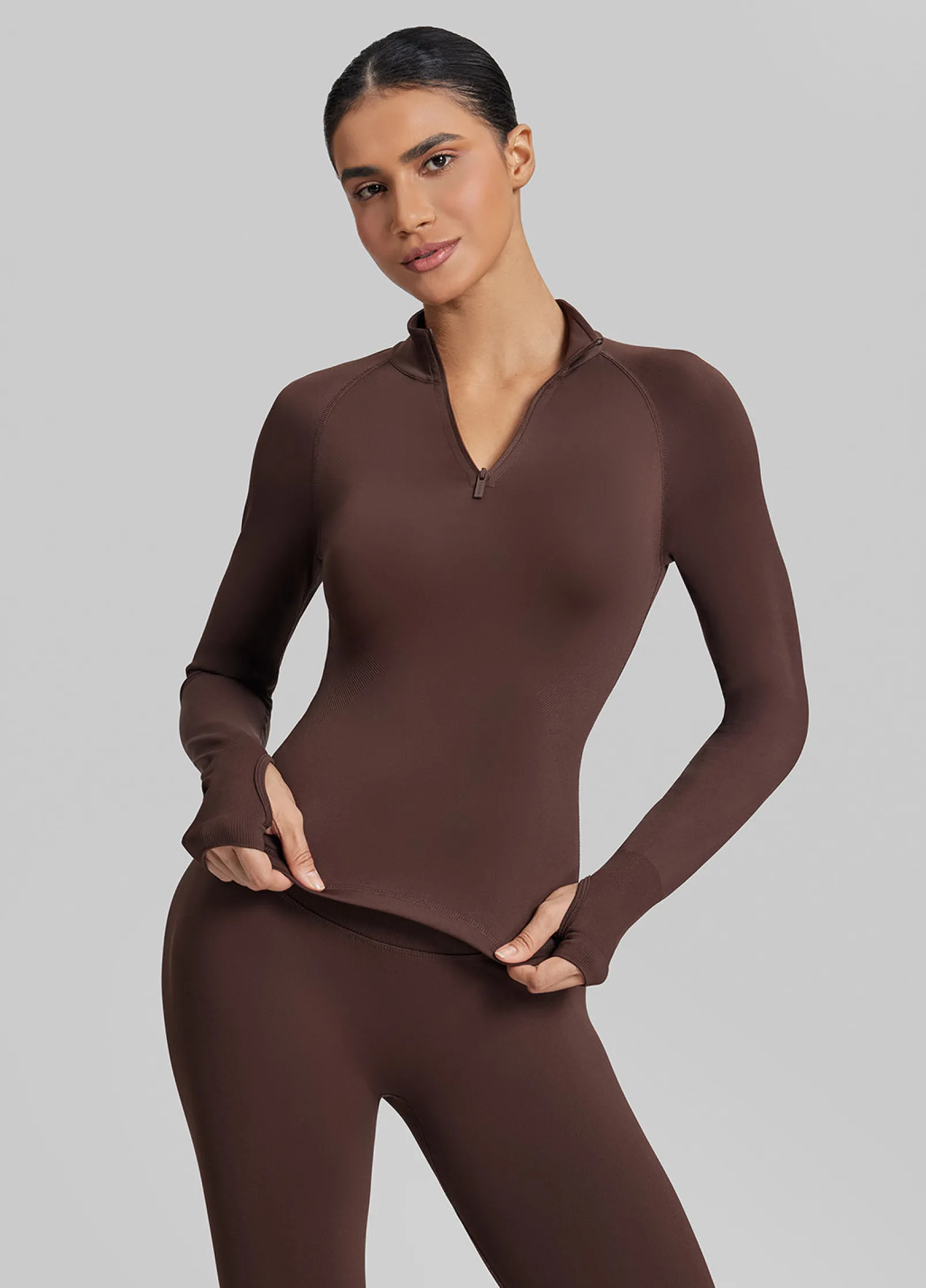 SculptMe Longline Form-Fitting Seamless Thumb Hole Twill Knit Half-Zip Top
