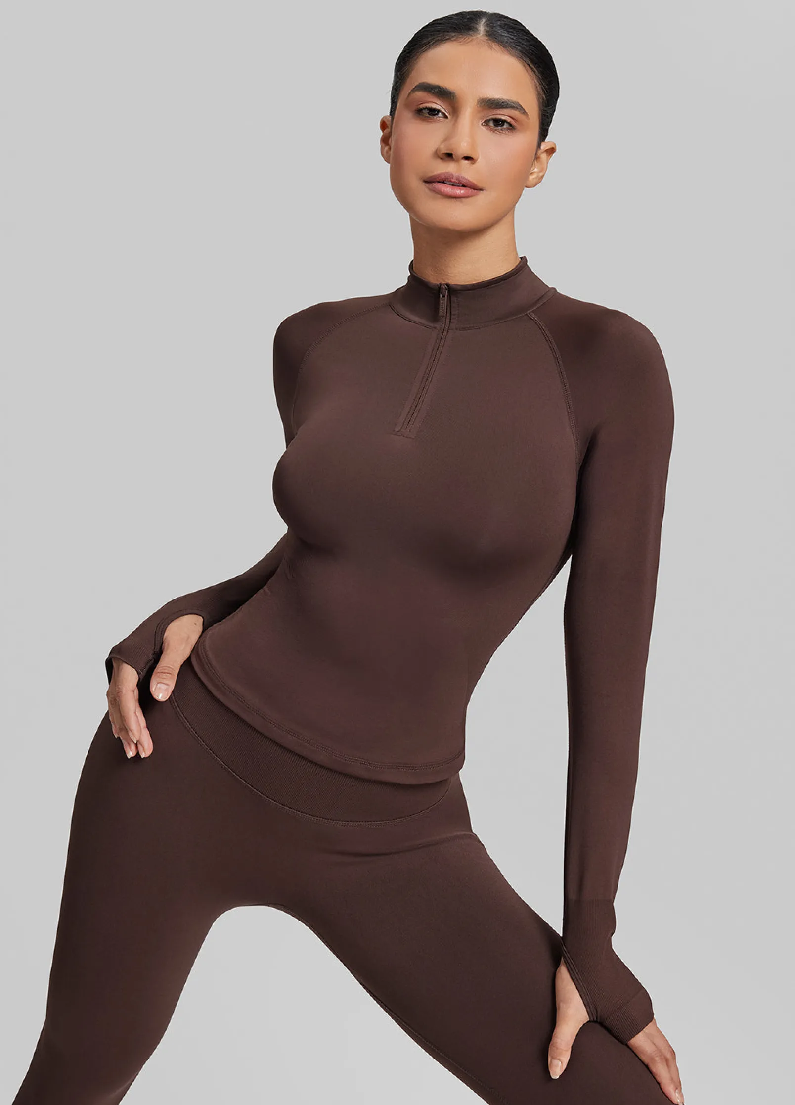 SculptMe Longline Form-Fitting Seamless Thumb Hole Twill Knit Half-Zip Top