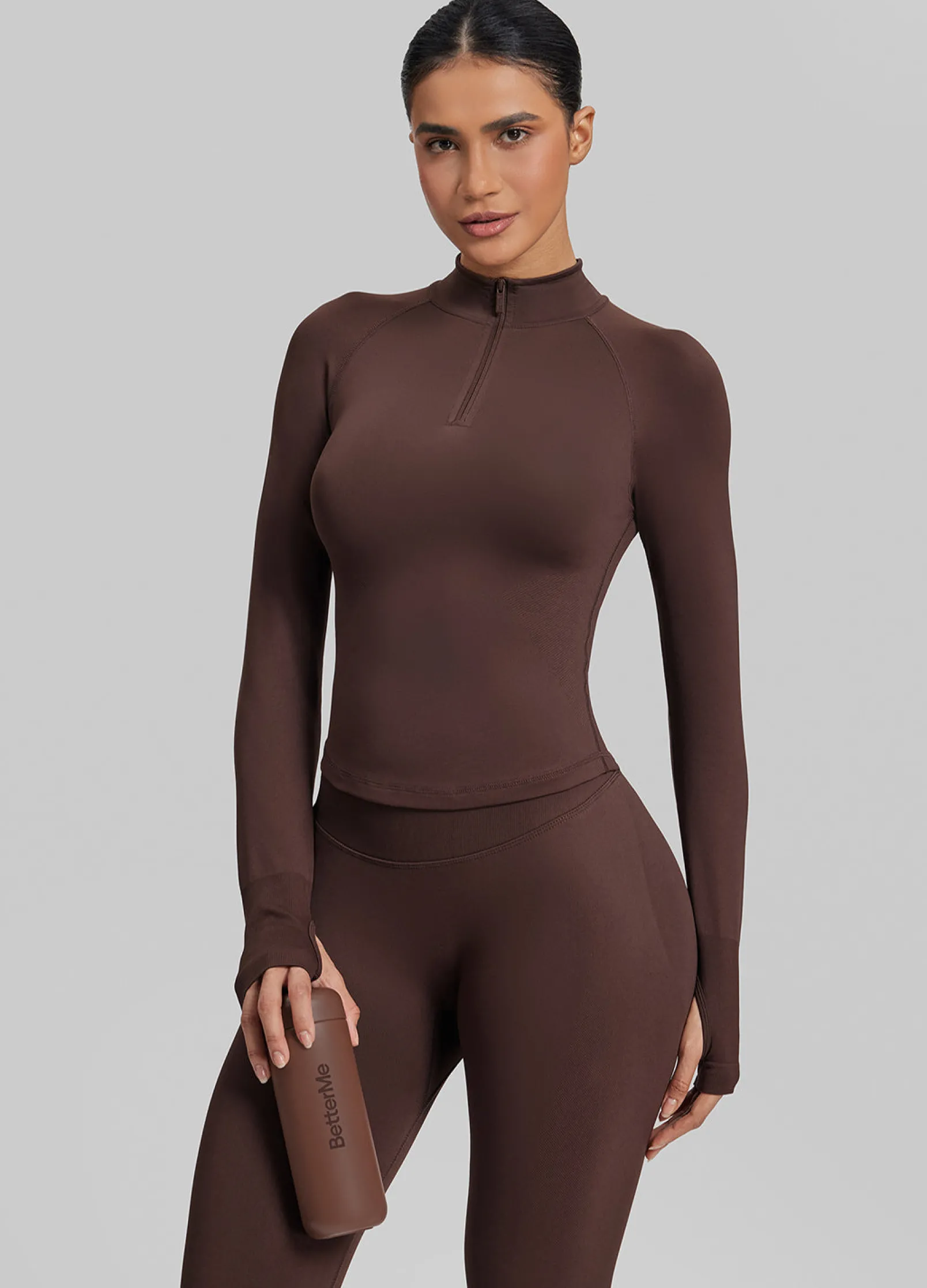 SculptMe Longline Form-Fitting Seamless Thumb Hole Twill Knit Half-Zip Top