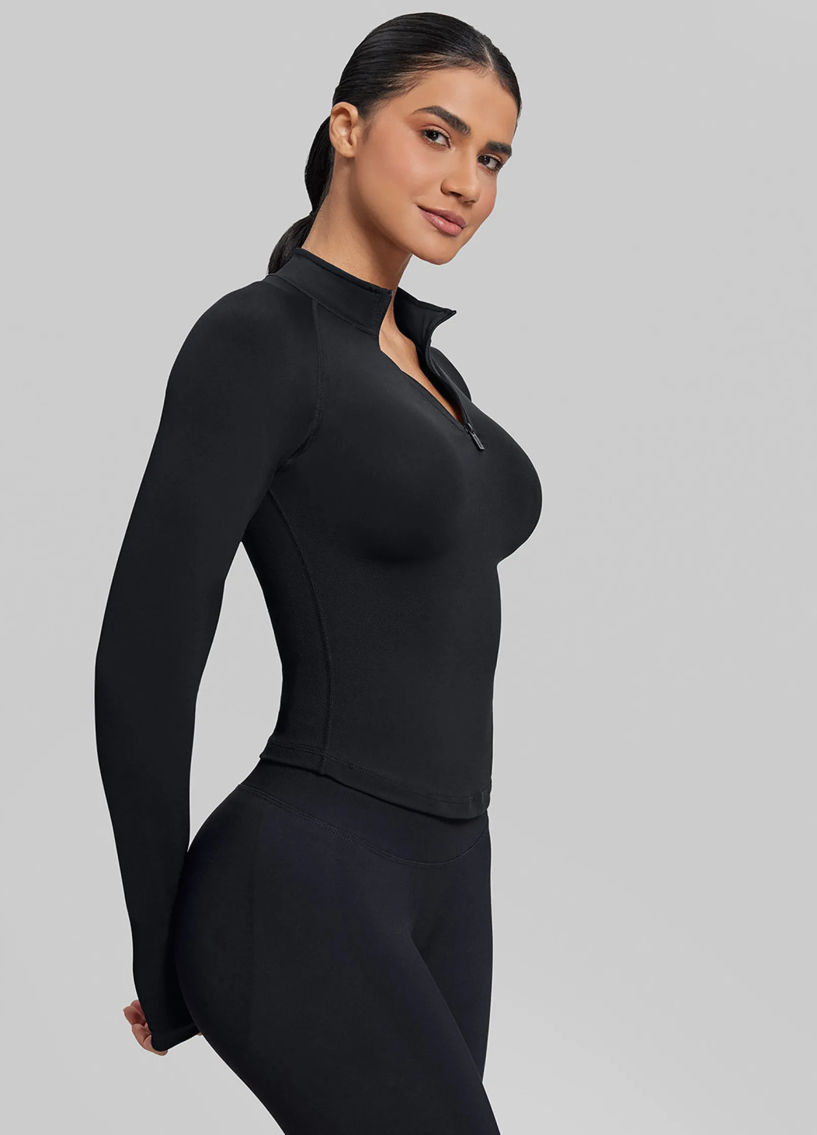 SculptMe Longline Form-Fitting Seamless Thumb Hole Twill Knit Half-Zip Top