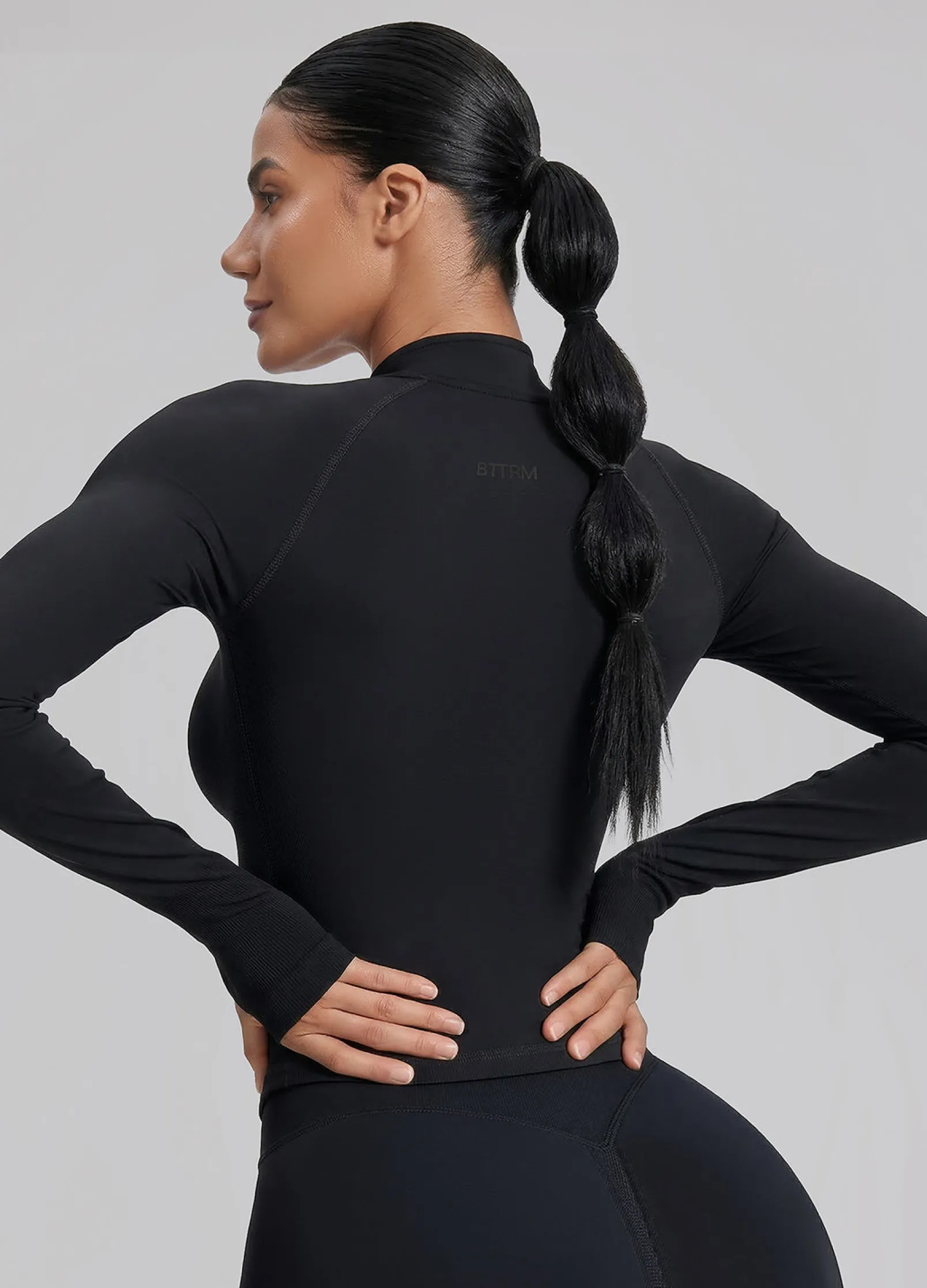 SculptMe Longline Form-Fitting Seamless Thumb Hole Twill Knit Half-Zip Top