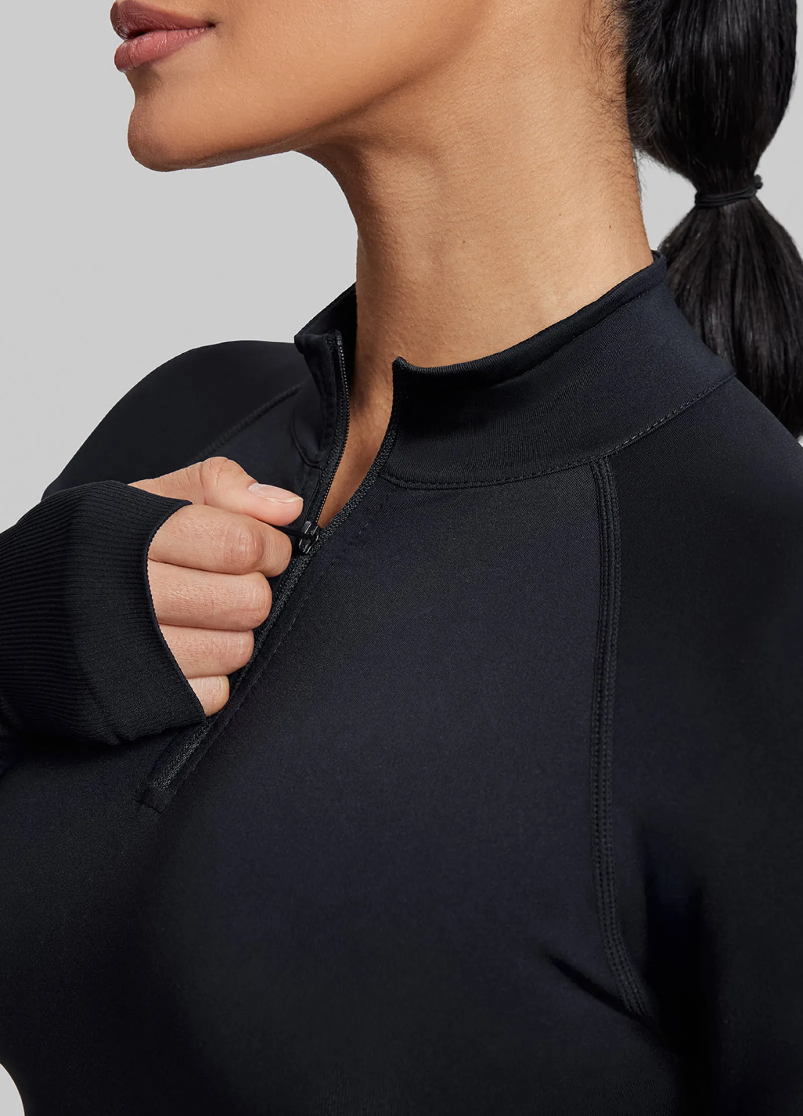 SculptMe Longline Form-Fitting Seamless Thumb Hole Twill Knit Half-Zip Top
