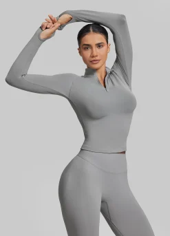 SculptMe Longline Form-Fitting Seamless Thumb Hole Twill Knit Half-Zip Top