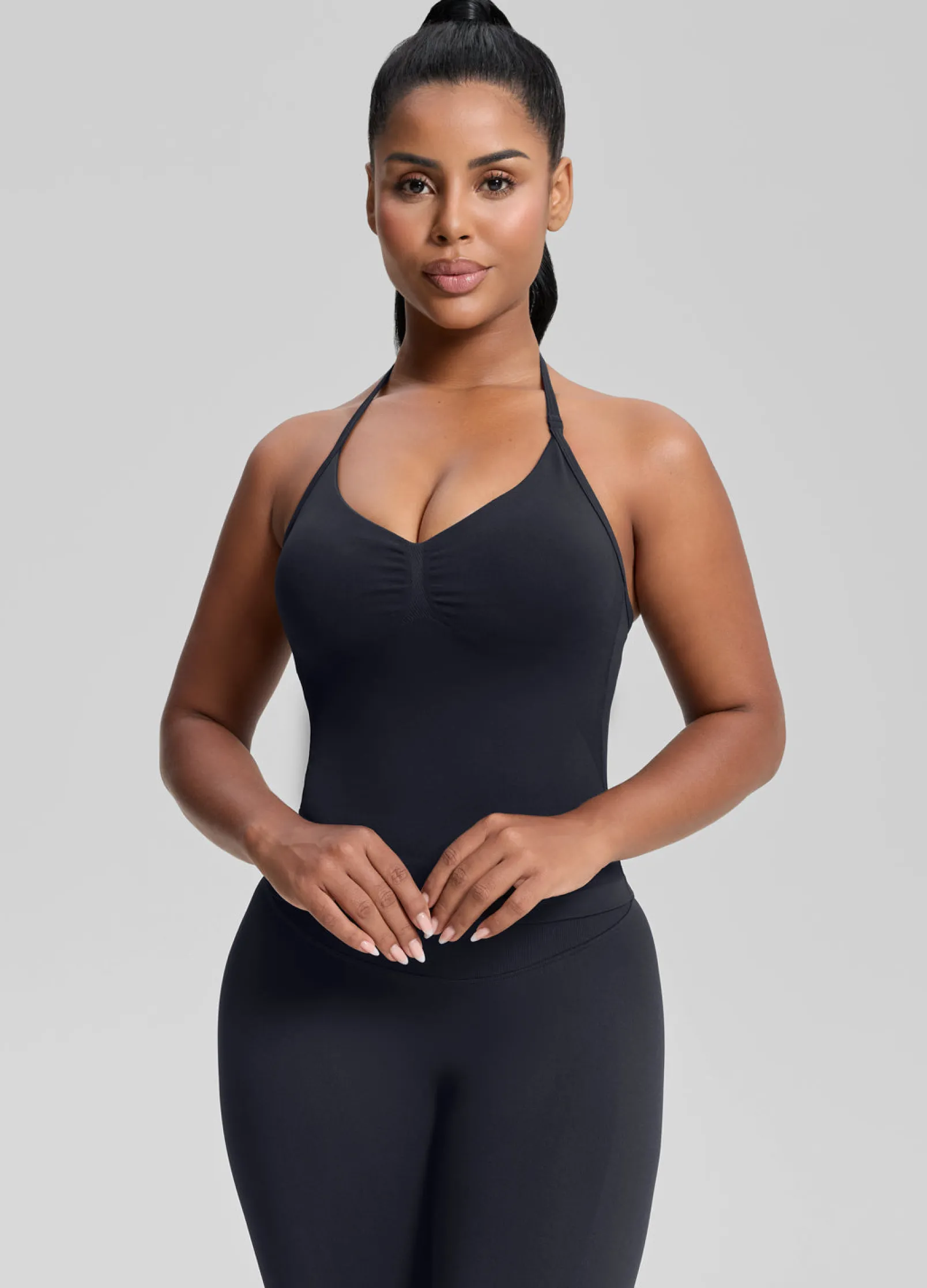 SculptMe Longline Halterneck Form-Fitting Built-in Bra Twill Knit Tank Top